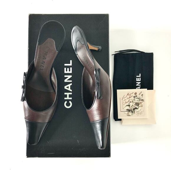NIB Vintage Chanel Karl Lagerfeld Era Bow CC Logo Cap Toe Kitten Heel Mules 37 - Picture 1 of 13